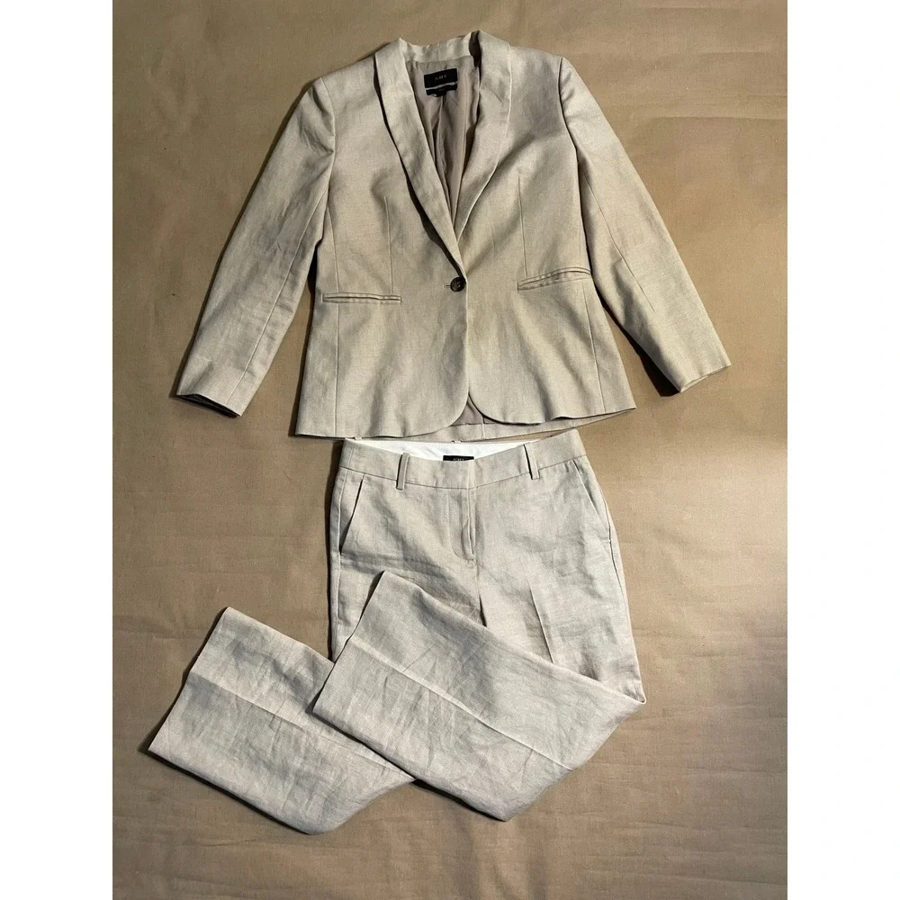 J Crew Linen Suit Set Women's Size 8P Cream Blazer and Size 6P Pants